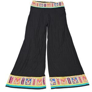 Trina Turk Wide Leg Pants Small Black Aztec Boho Printed Waist Hem Festival
